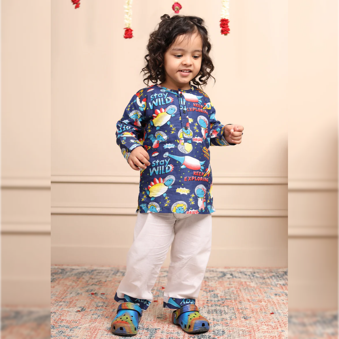 Polka Tots Space print Full Sleeve Kurta Pant - Blue and white
